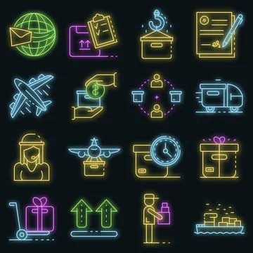 Parcel delivery icons set vector neon Stock Illustration