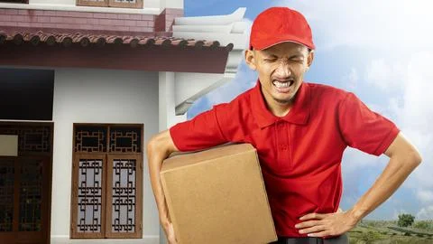 A parcel delivery man with a hat feels a stomachache while carrying a package Stock Photos