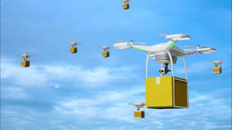 Parcel delivery service by drone. Delivery technology with multiple drones in th Stock Footage 201280547