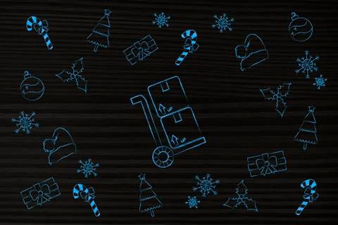 Parcel delivery surrounded by mixed Christmas decorations 스톡 일러스트