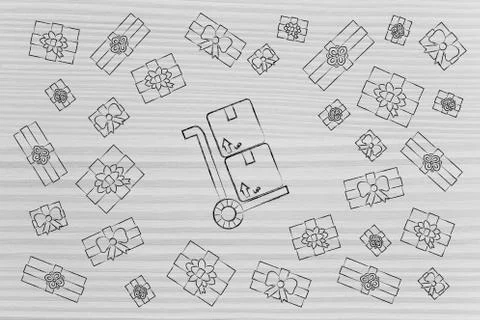 Parcel delivery surrounded by wrapped presents 스톡 일러스트