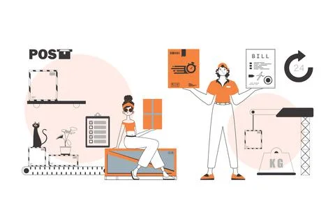 Parcel delivery team. Line art style. Stock Illustration