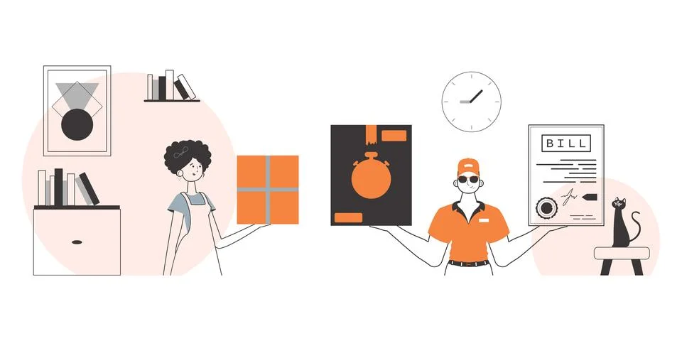 Parcel delivery team. Linear modern style. Stock Illustration