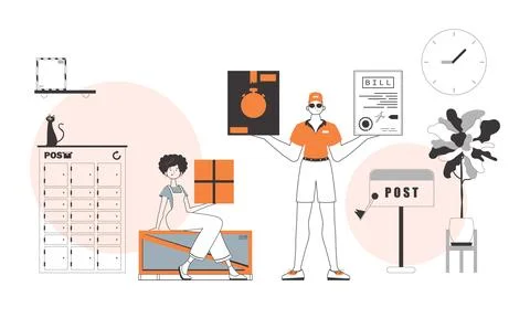 Parcel delivery team. Linear modern style. Stock Illustration