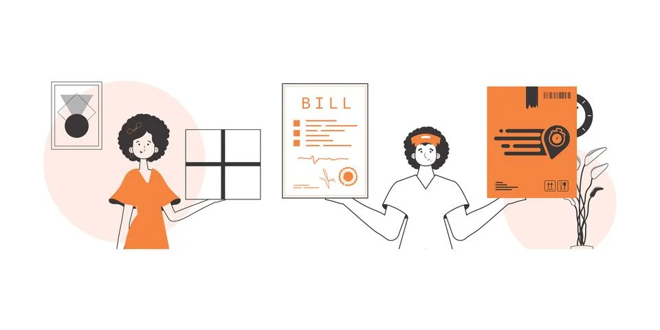 Parcel delivery team. Linear style. Illustrazione stock
