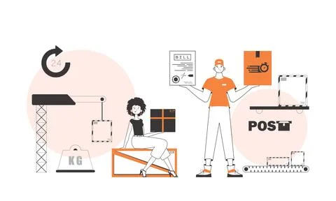 Parcel delivery team. Linear style. Stock Illustration