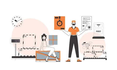 Parcel delivery team. Linear trendy style. 스톡 일러스트