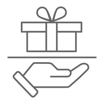 Parcel delivery thin line icon, delivery symbol, gift box with ribbon on hand Stock Illustration