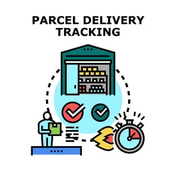 Parcel delivery tracking process with warehouse and person Stock Illustration