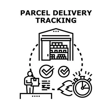 Parcel delivery tracking process with warehouse and person Stock Illustration