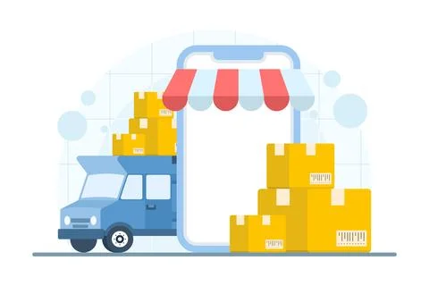 Parcel delivery van with cardboard boxes and smartphone app concept Stock Illustration