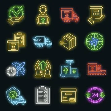 Parcel dellivery icon set vector neon Stock Illustration