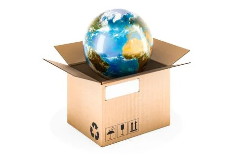 Parcel with Earth Globe inside. Global shipping and delivery concept, 3D rend Stock Illustration