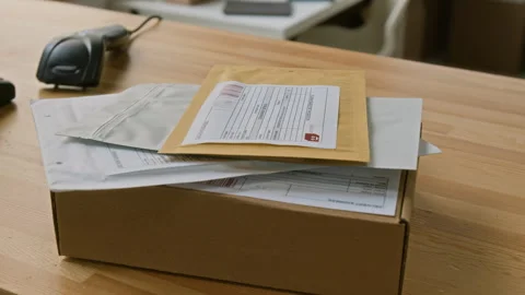 Parcel, Envelopes and Barcode Scanner on Counter at Courier Delivery Office Stock Footage 321433568