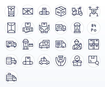 Parcel Exclusive Vector Set featuring 25 Regular Line Editable 256x256 Icons Stock Illustration