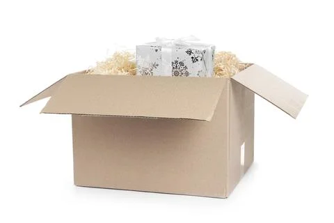 Parcel with gift box on white background 库存照片