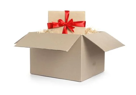 Parcel with gift box on white background Stock Photos