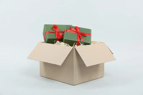 Parcel with gift boxes on light background Foto stock