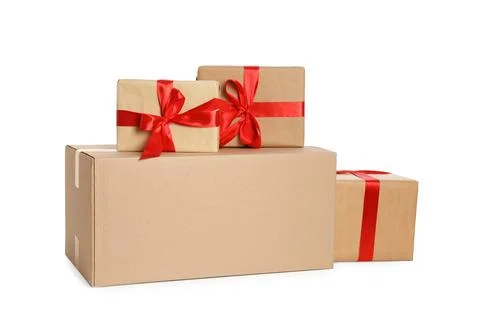 Parcel with gift boxes on white background Foto stock