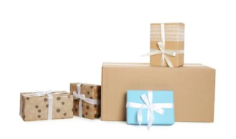 Parcel with gift boxes on white background 스톡 사진