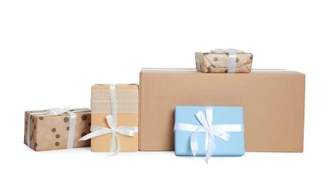 Parcel with gift boxes on white background 스톡 사진