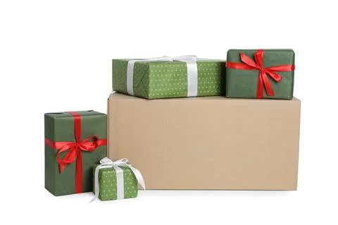 Parcel with gift boxes on white background 스톡 사진