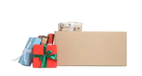 Parcel with gift boxes on white background 스톡 사진
