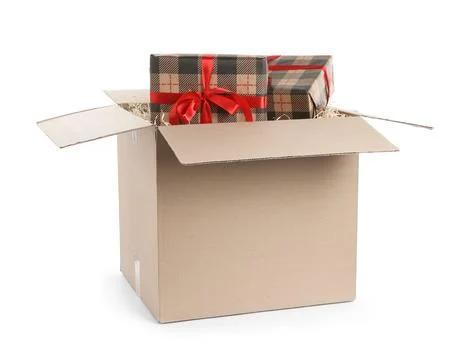 Parcel with gift boxes on white background Foto stock