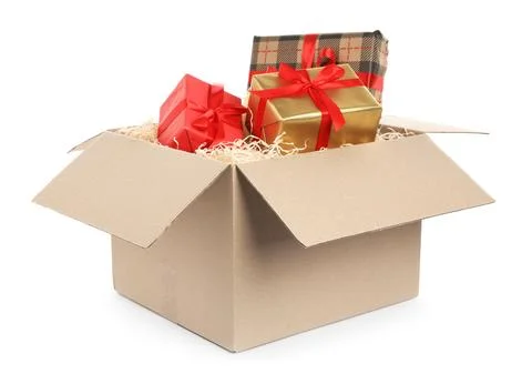 Parcel with gift boxes on white background Foto stock