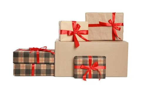 Parcel with gift boxes on white background 스톡 사진