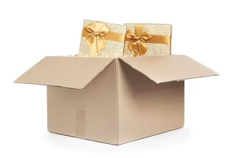Parcel with gift boxes on white background 스톡 사진