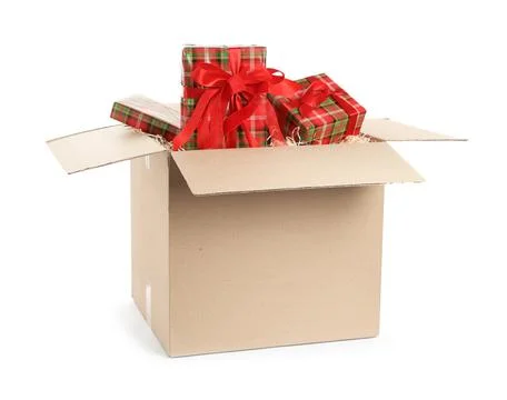 Parcel with gift boxes on white background Foto stock