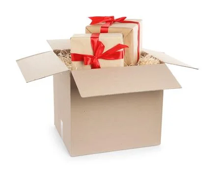 Parcel with gift boxes on white background Foto stock