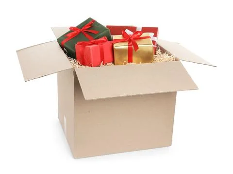 Parcel with gift boxes on white background Foto stock