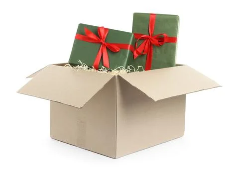 Parcel with gift boxes on white background 스톡 사진