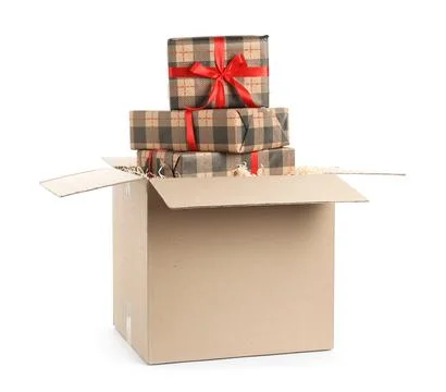Parcel with gift boxes on white background Foto stock