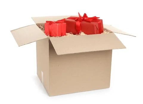 Parcel with gift boxes on white background 스톡 사진