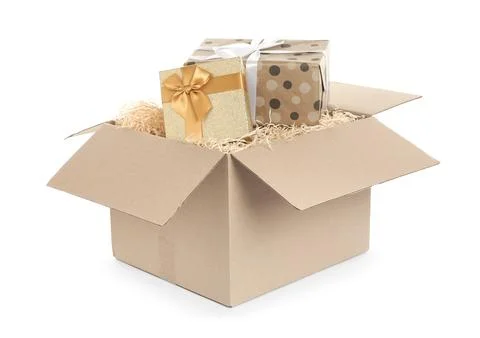 Parcel with gift boxes on white background Foto stock