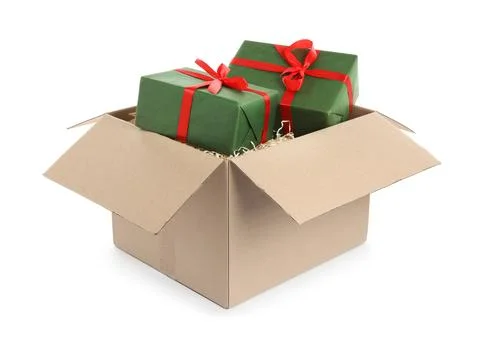 Parcel with gift boxes on white background Foto stock