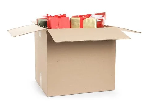 Parcel with gift boxes on white background Foto stock