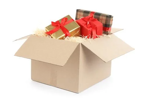 Parcel with gift boxes on white background 스톡 사진