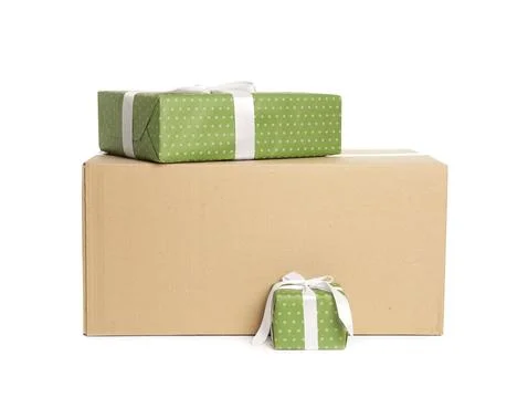 Parcel with gift boxes on white background Foto stock