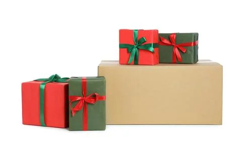 Parcel with gift boxes on white background Foto stock