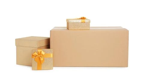 Parcel with gift boxes on white background Foto stock