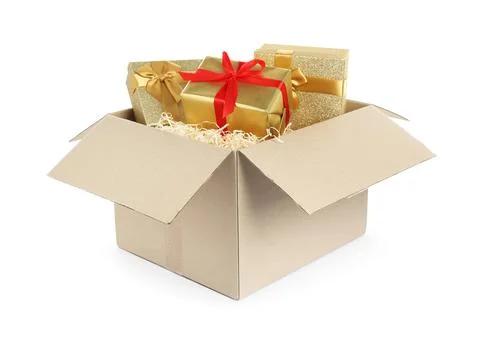 Parcel with gift boxes on white background Foto stock