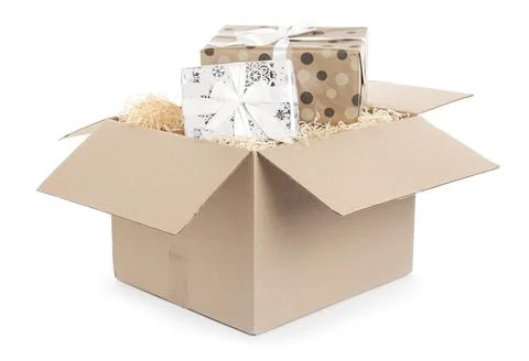 Parcel with gift boxes on white background 스톡 사진