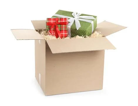 Parcel with gift boxes on white background 스톡 사진