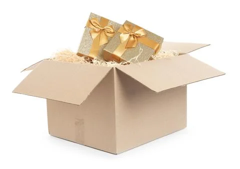 Parcel with gift boxes on white background Foto stock