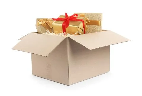 Parcel with gift boxes on white background 스톡 사진