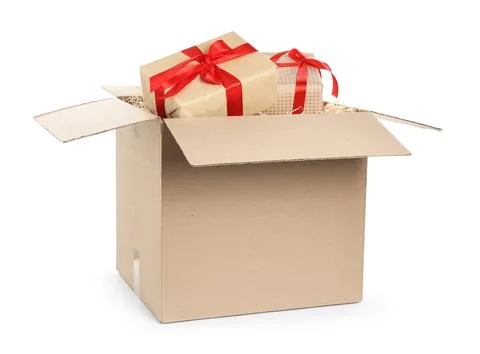 Parcel with gift boxes on white background Foto stock
